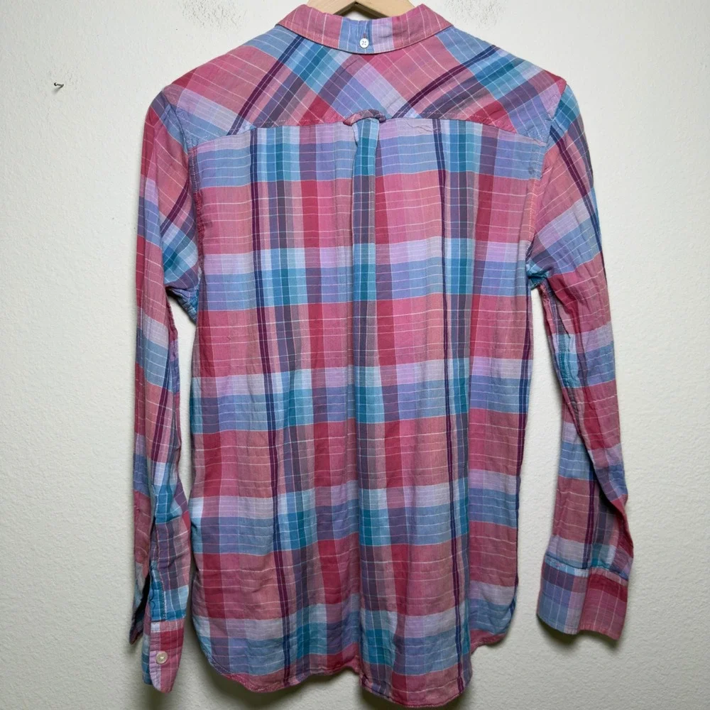 J. Crew Women Cotton Shirt S Pink Blue Plaid Popover‎ Button Down Preppy Picnic